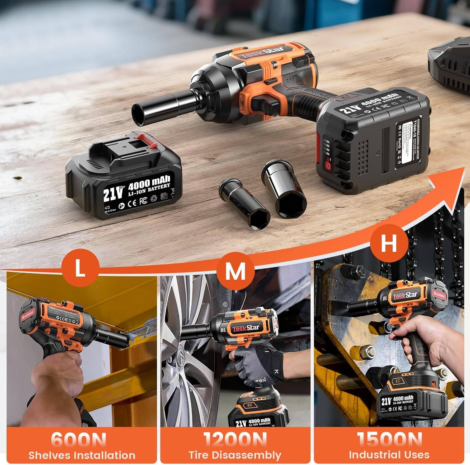 TaskStar Cordless Impact Wrench 1/2“, 1110 Ft-lbs(1500 N.m) 2 * 4.0 Ah Battery