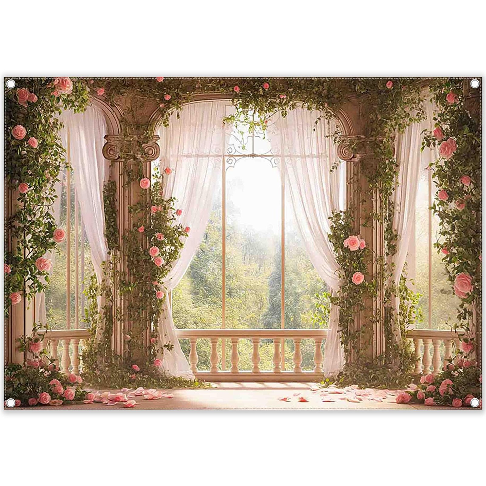 7x5ft Fabric Spring Window Scenery Photography Backdrop Pink Floral Green For...