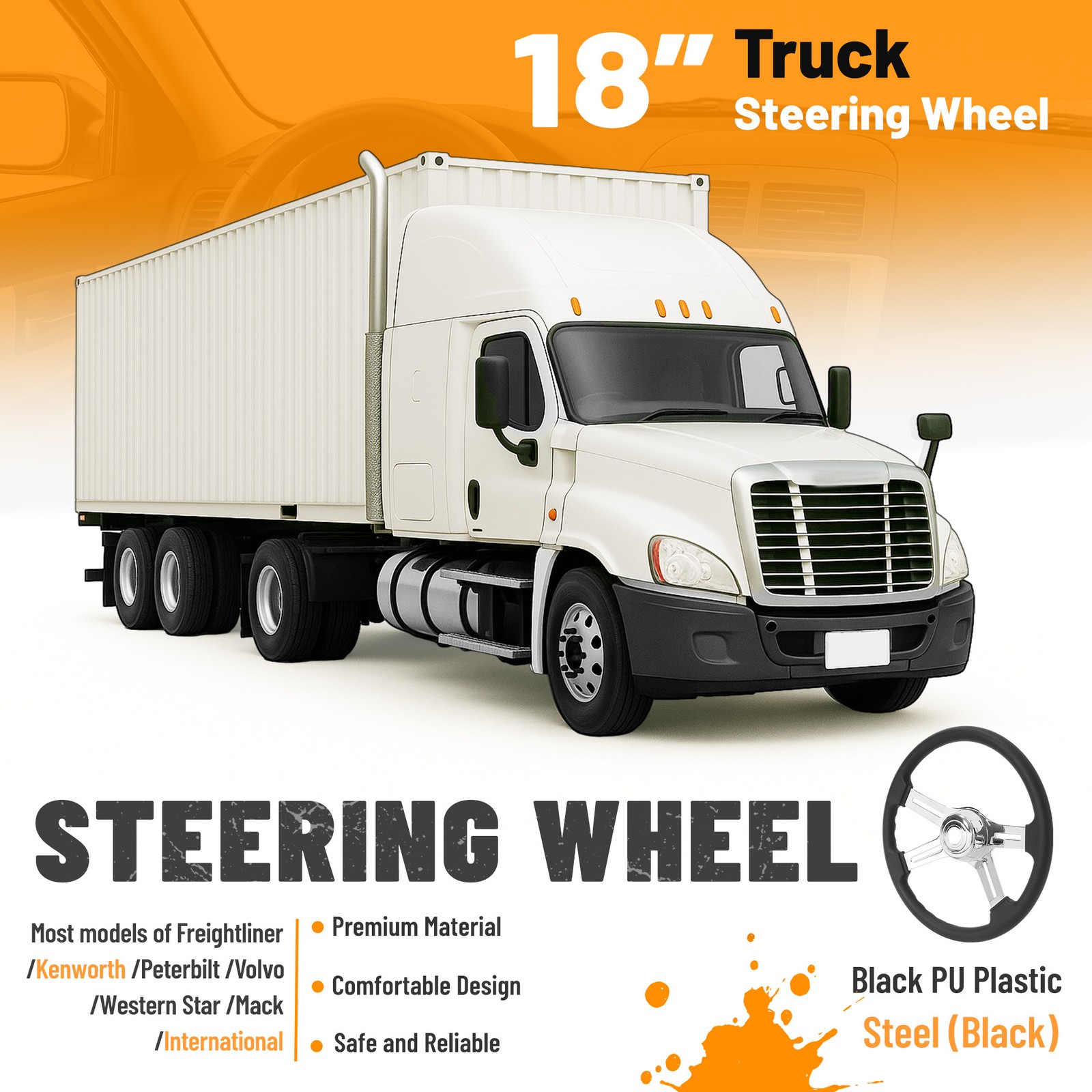 4 Spoke Steering Wheel 18" Black For Freightliner/ Kenworth/ Peterbilt/ Volvo