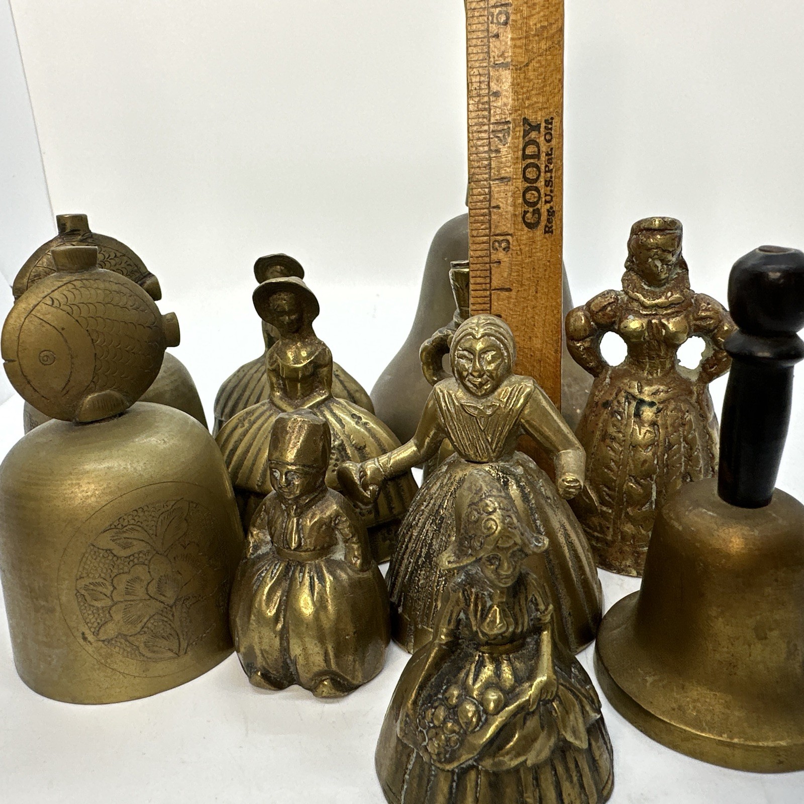 Lot of 11 Vintage Antique Hand Bell Mixed Estate Etched Fish Brass Lady Woman