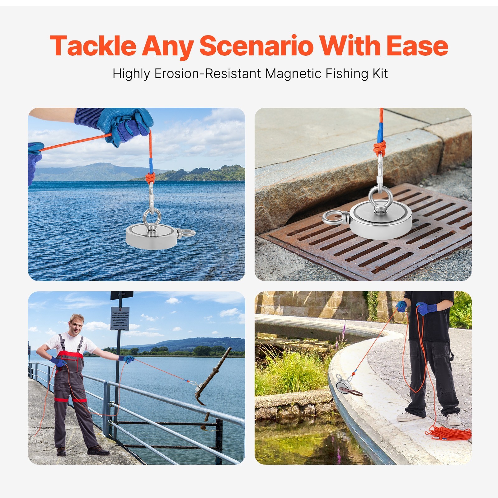 2000 LBS Strong Fishing Magnet Kit Double Sided Pull Force and Rope Carabiner