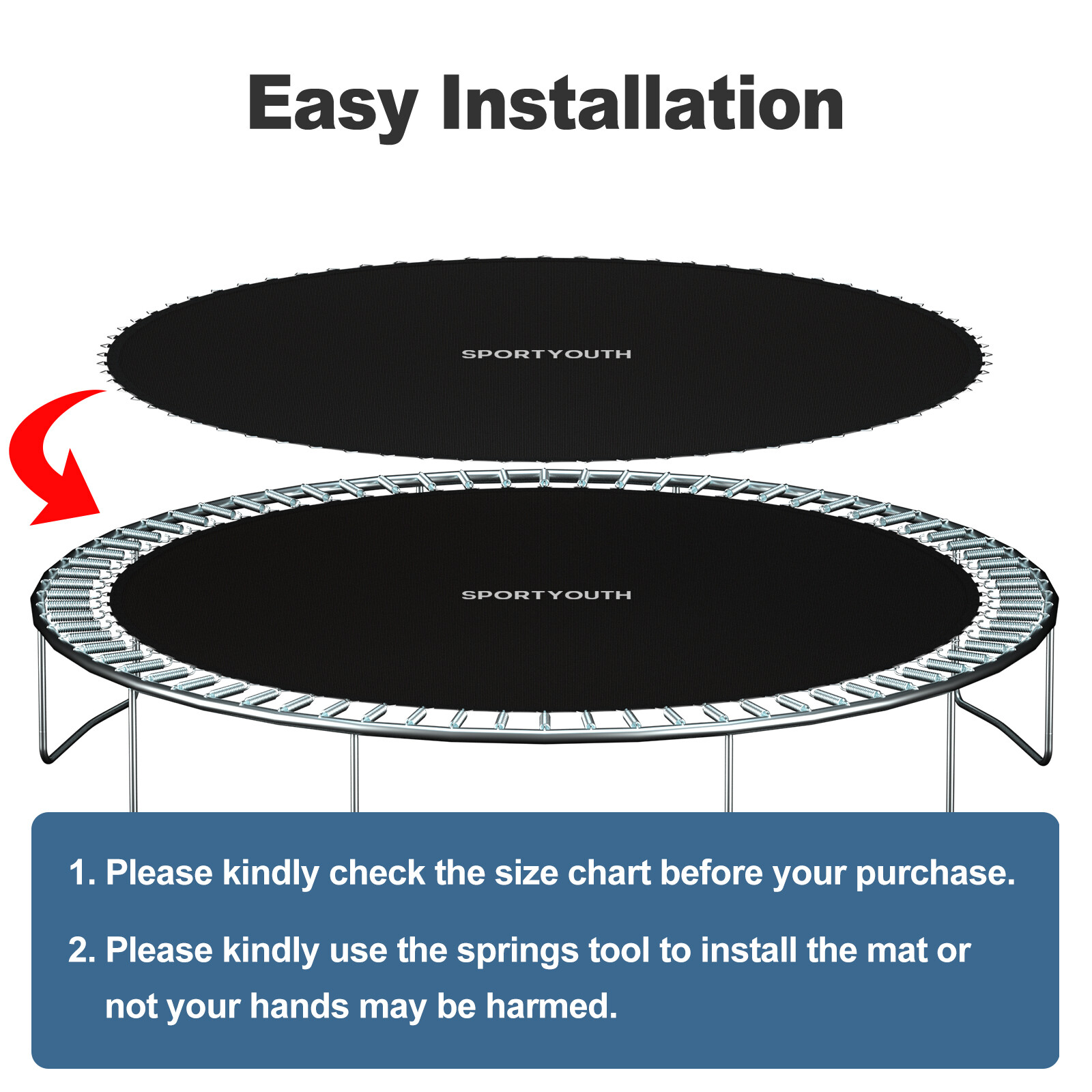 Round Replacement Trampoline Mat Fits 15ft Frame 96 Rings w/ 6.5"-7" Spring Tool