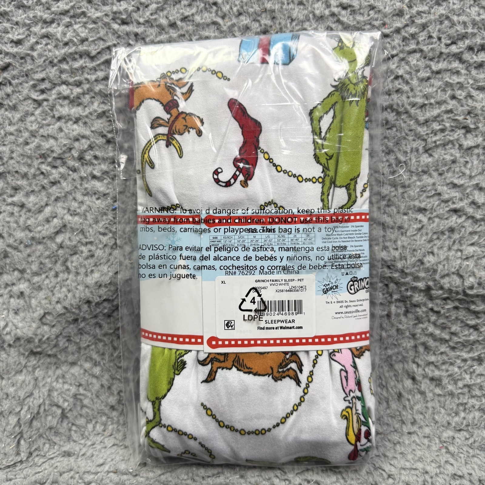 The Grinch Dog Pajamas XL Holiday PJ For Pets White Cotton Winter Apparel