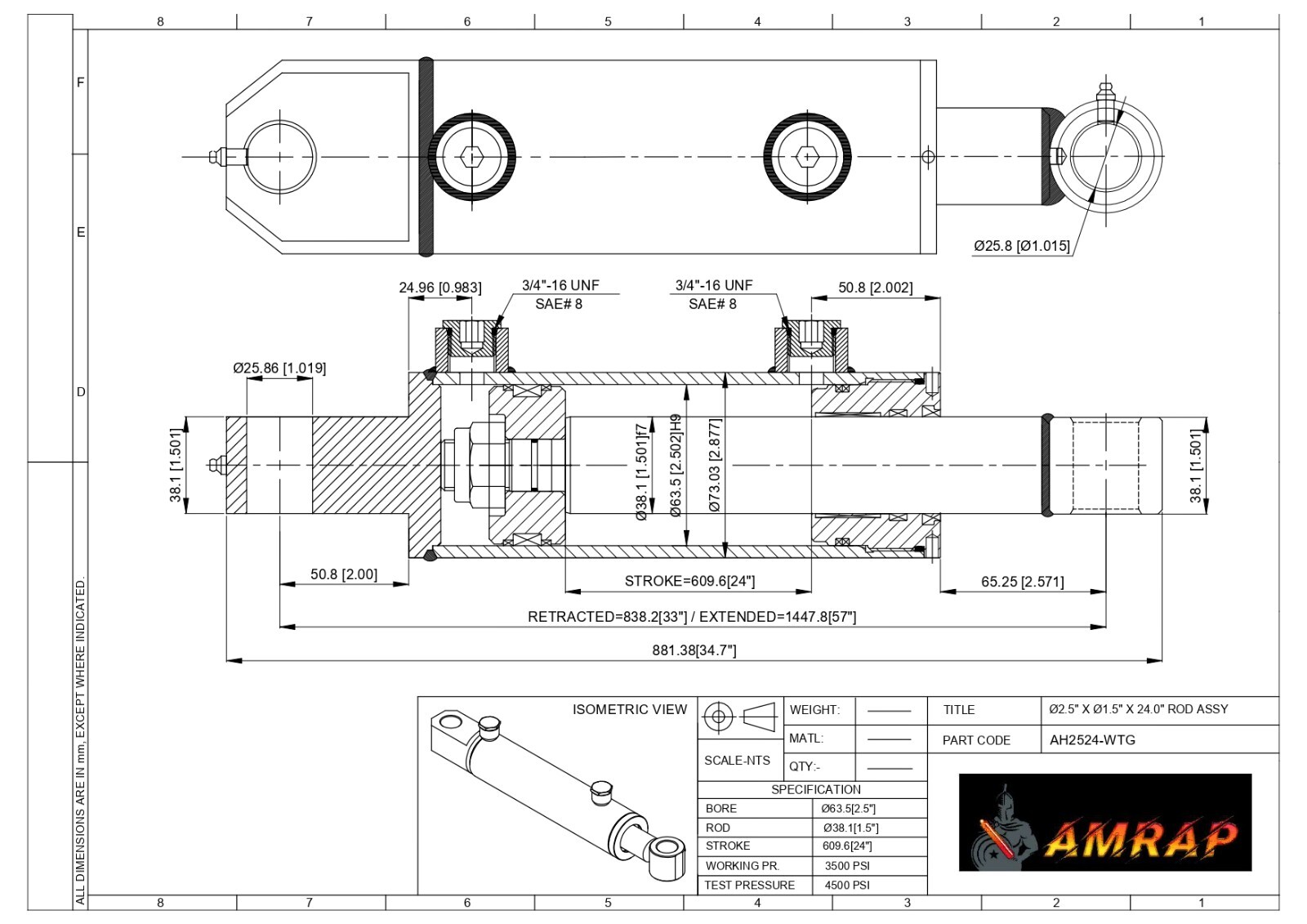 2.5x24 Hydraulic Cylinder 2.5" Bore, 24" Stroke - Double Acting Tang Universal