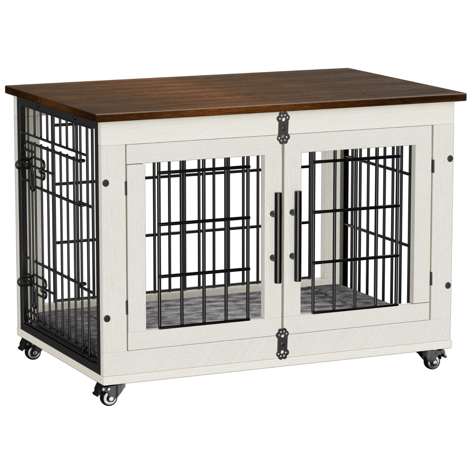 Dog Crate Furniture Dog Kennel Indoor Double Doors Wooden Cage & Cushion White