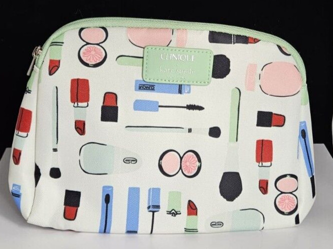 Clinique x Kate Spade Cosmetic Pouch- White/Green - With Zipper - New