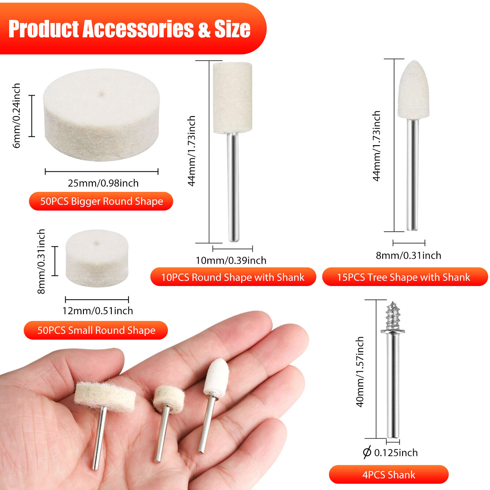 129x Wool Felt Buffing Polishing Pads Wheel Set For Dremel Grinder Accessories