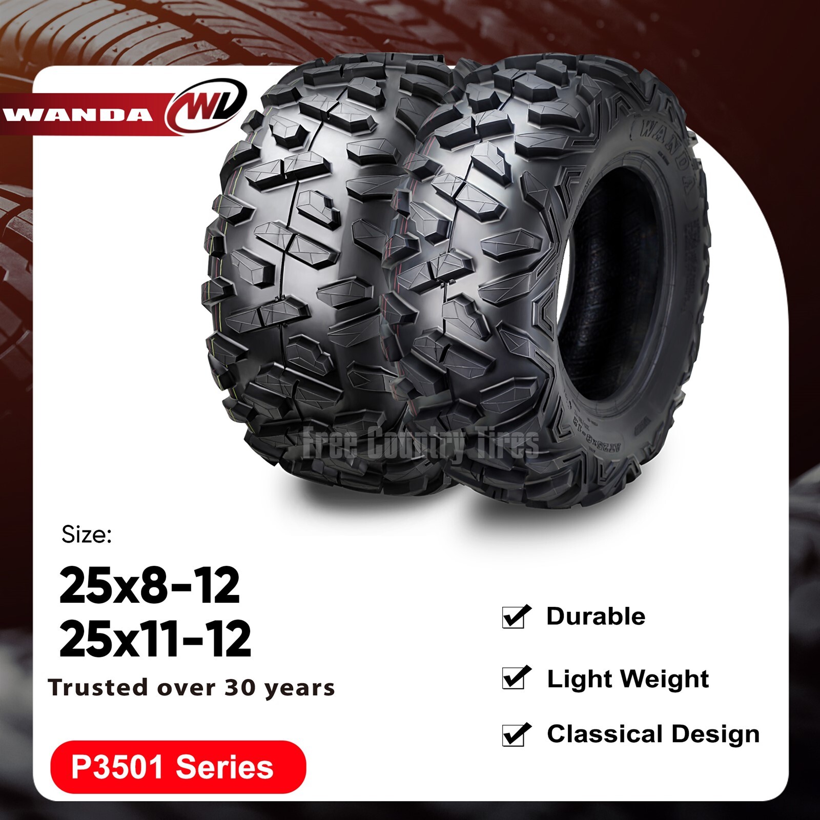 Set 4 WANDA ATV UTV Tires 25x8-12 25x8x12 Front 25x11-10 25x11x10 Rear 6PR