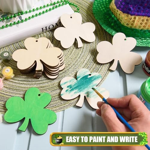 60 Pcs Unfinished Shamrock Wooden Ornaments Wooden St. Patrick's Day Cutouts