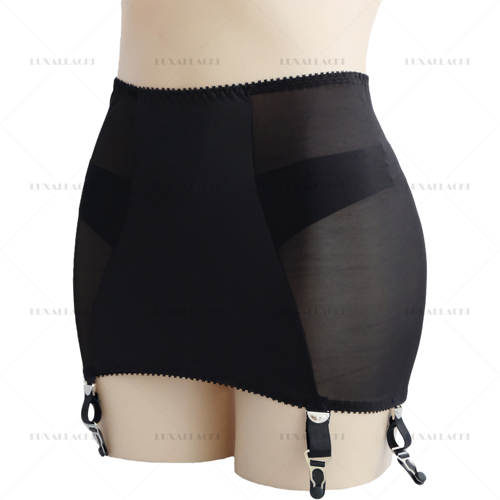 Luxallacki Back Hollow Sheer Garter Belt 6 Straps Suspender Metal Clips Girdle