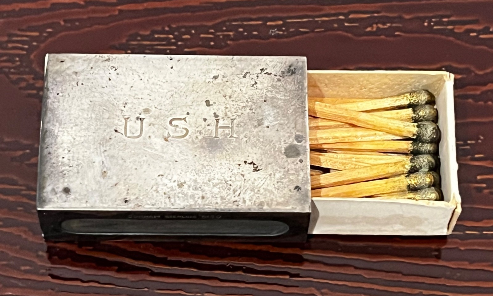 ANTIQUE GORHAM STERLING 5130 MATCH BOX HOLDER With Box & Matches -Has Monogram