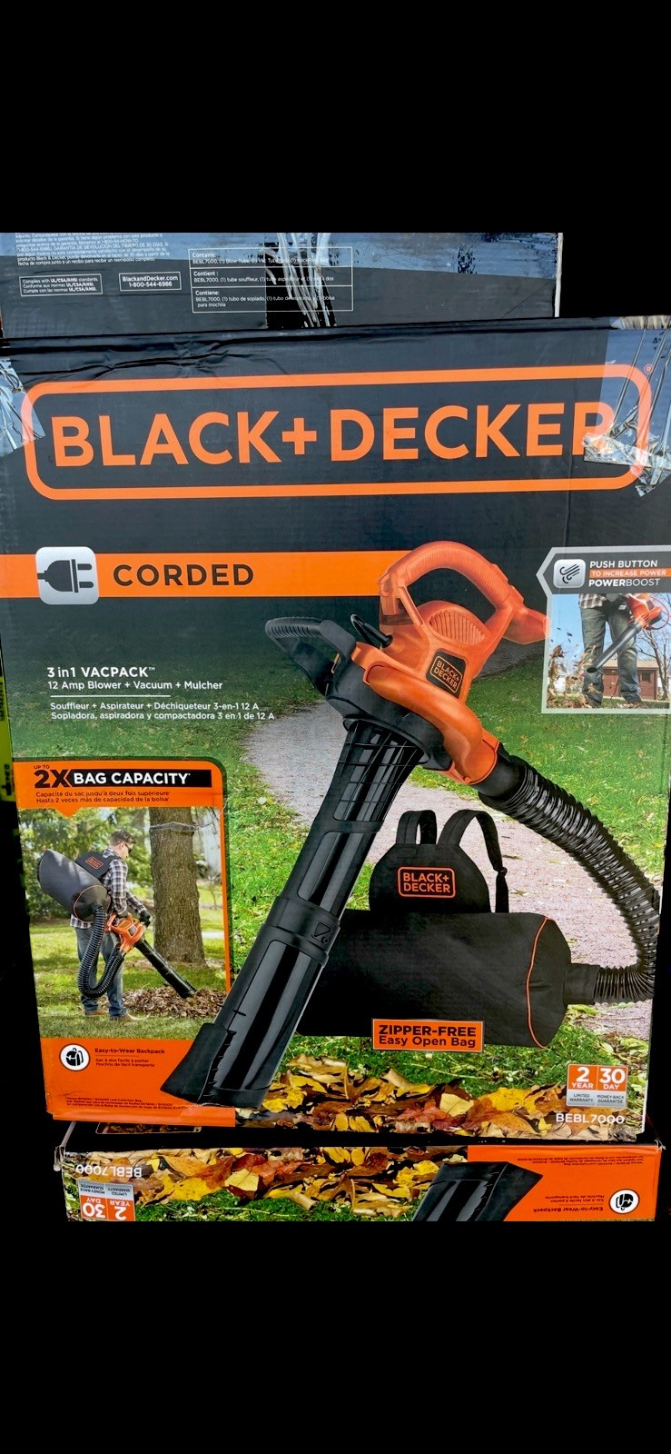 BLACK+DECKER BEBL7000 3-in-1 VACPACK 12A Leaf Blower/Vacuum/Mulcher-Black/Orange