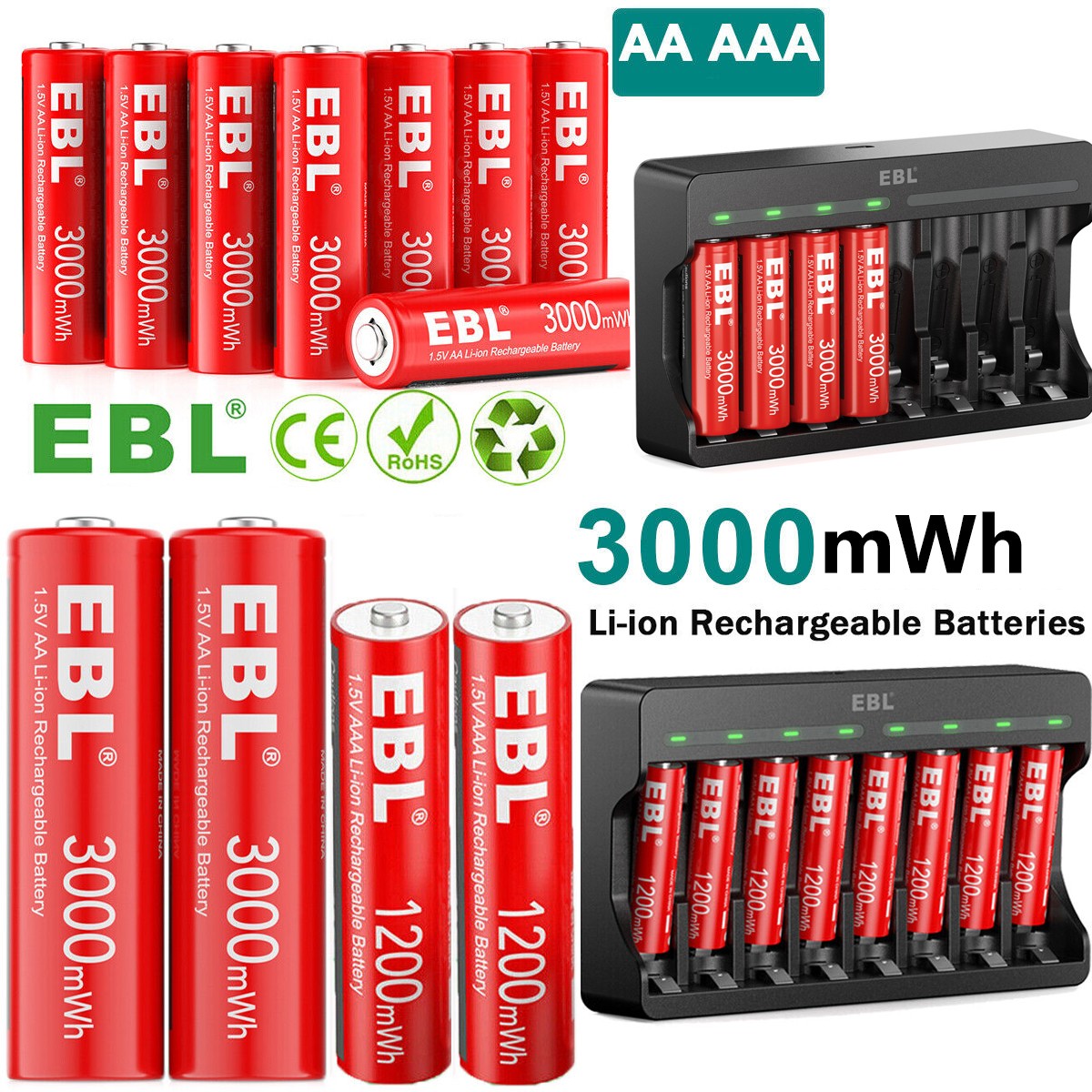 EBL AA AAA Rechargeable Lithium Li-ion Batteries 1.5V/ Optional 1.5V Charger Lot