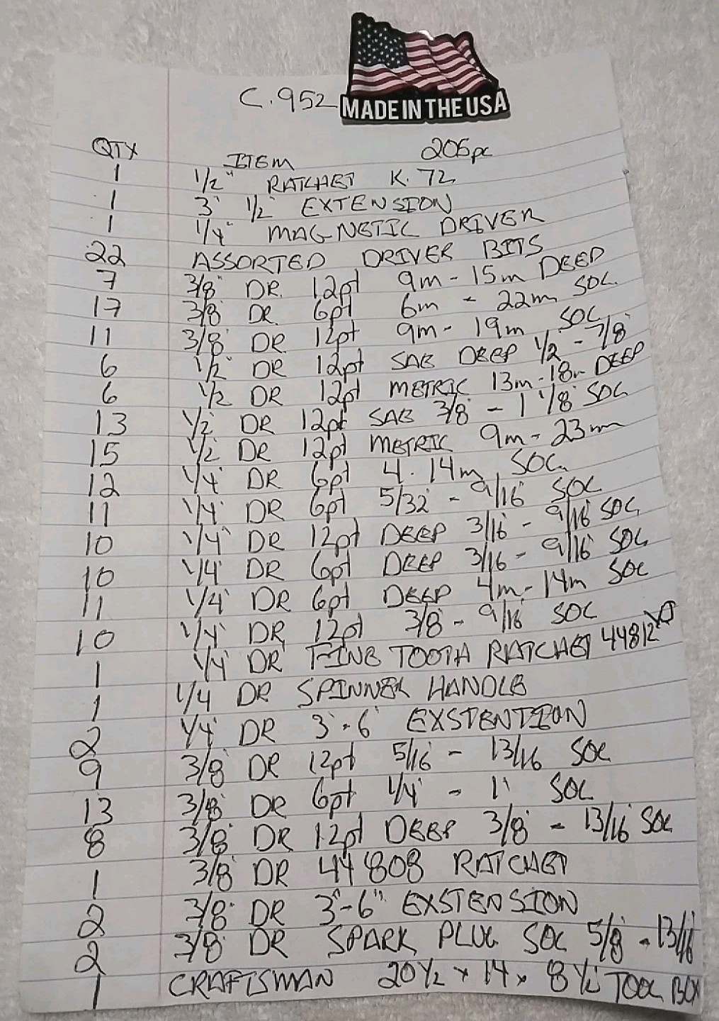 CRAFTSMAN 205PC 20-1/2"× 8-1/2"× 14" METAL 4 DRAWER LOCKABLE WITH HANDLE & TOOL