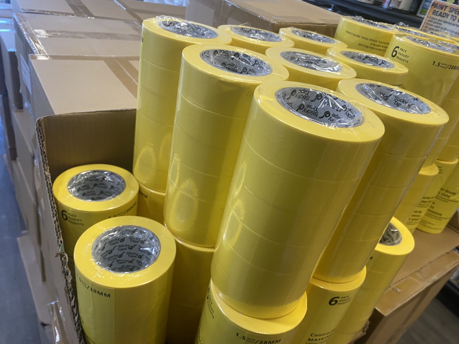 YELLOW MASKING TAPE 1-1/2 inch (18 Rolls) 3 sleeves Automotive Bodyshop etc.