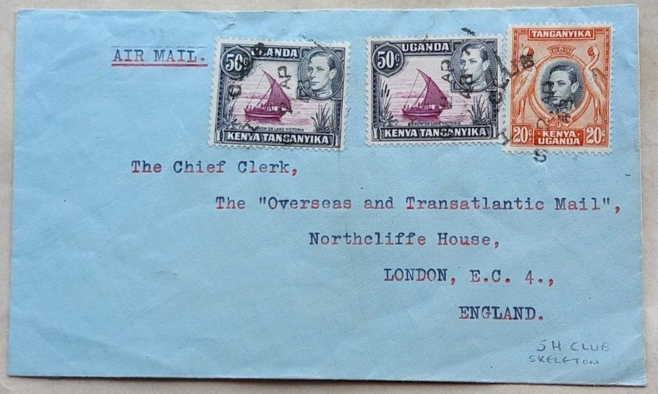 KENYA 1948 AIRMAIL COVER TO ENGLAND WITH VERY SCARCE S H CLUB SKELETON POSTMARK
