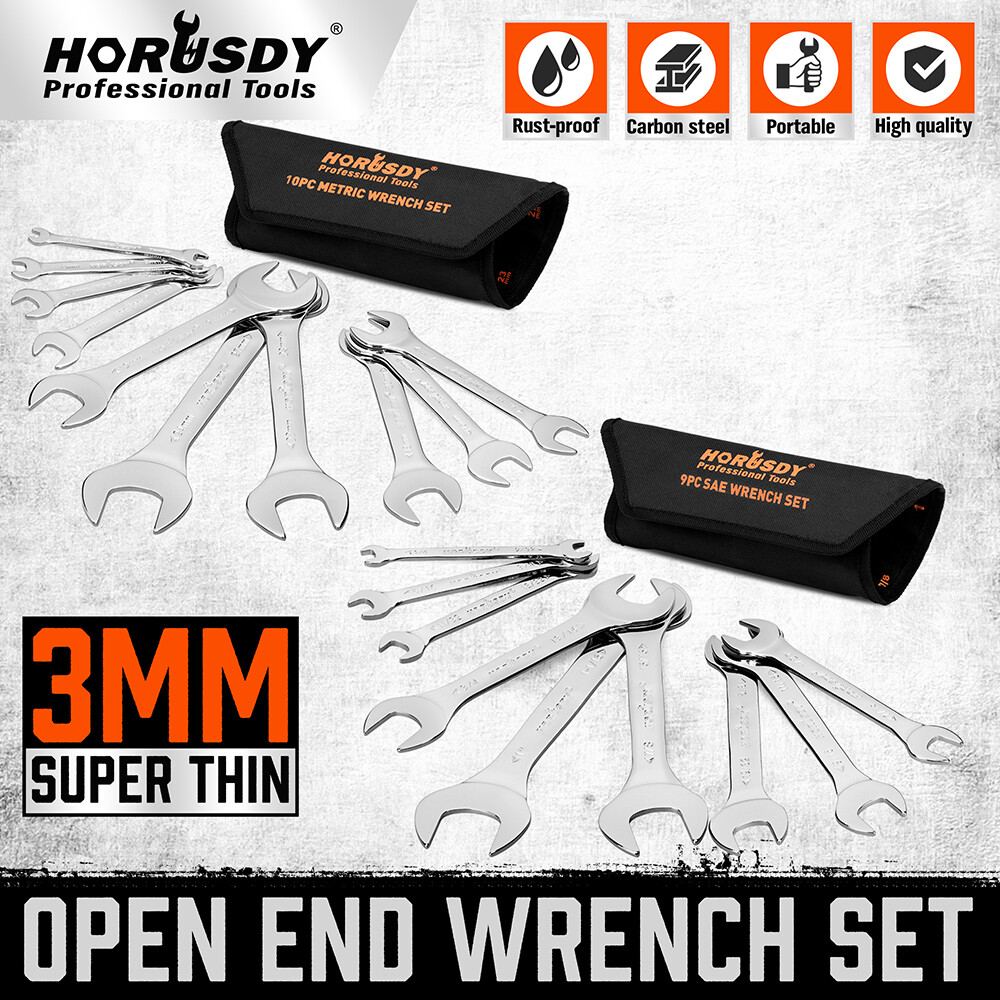 19PC SAE & Metric Thin Open End Wrench Set Bike Wrench Set W/ Rolling Pouch CR-V