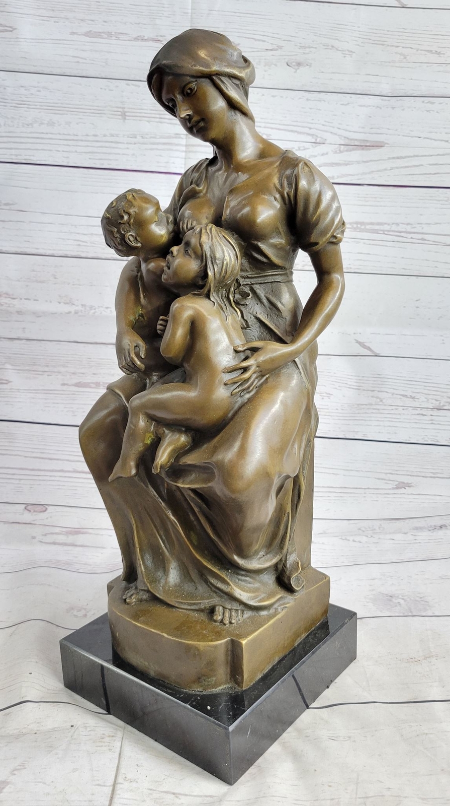 Semi Nude Bronze Sculpture Mother Breastfeeding Twins Signed Art Statue Decor