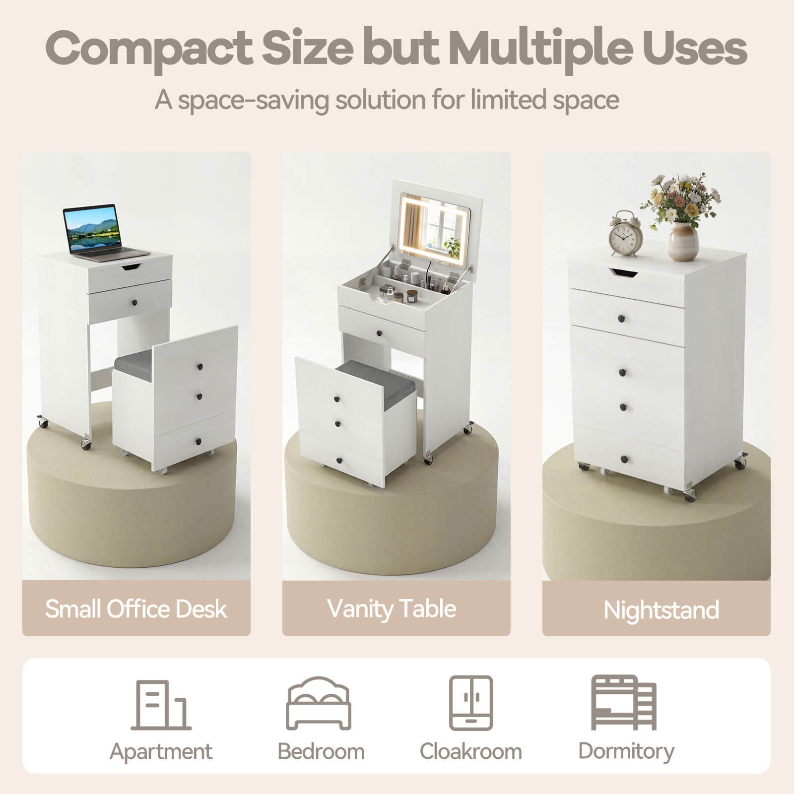3-in-1 Small Vanity Desk Set w/Flip-top Mirror, Lights, Drawers, Storage Stool