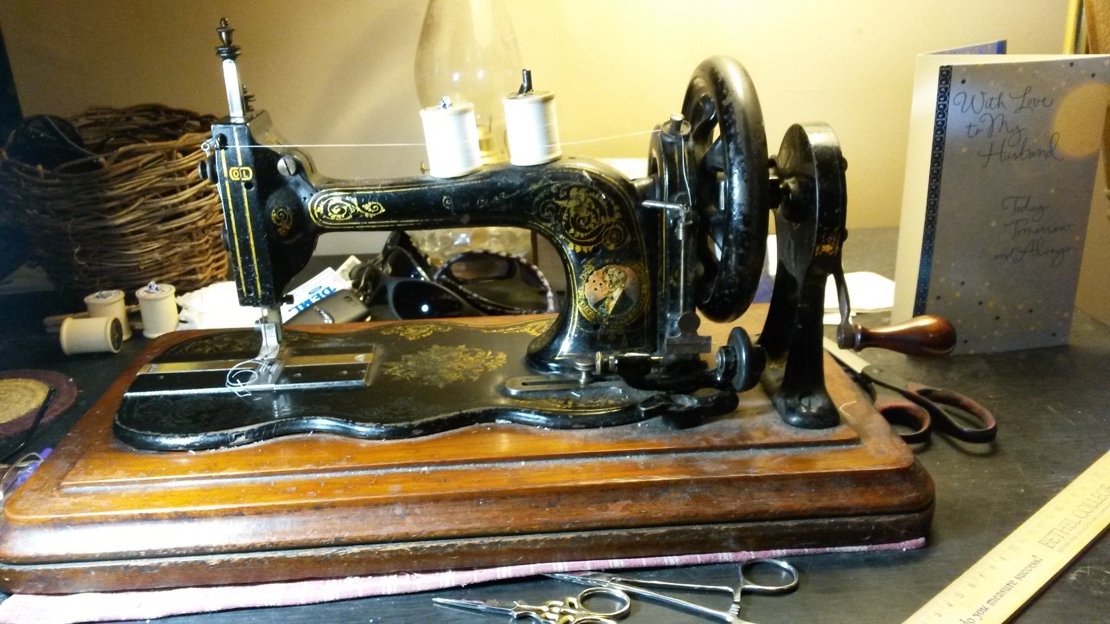 Civil War Braces TEA DYE GRAY BLUE sewn on Period Hand Crank Sewing Machine
