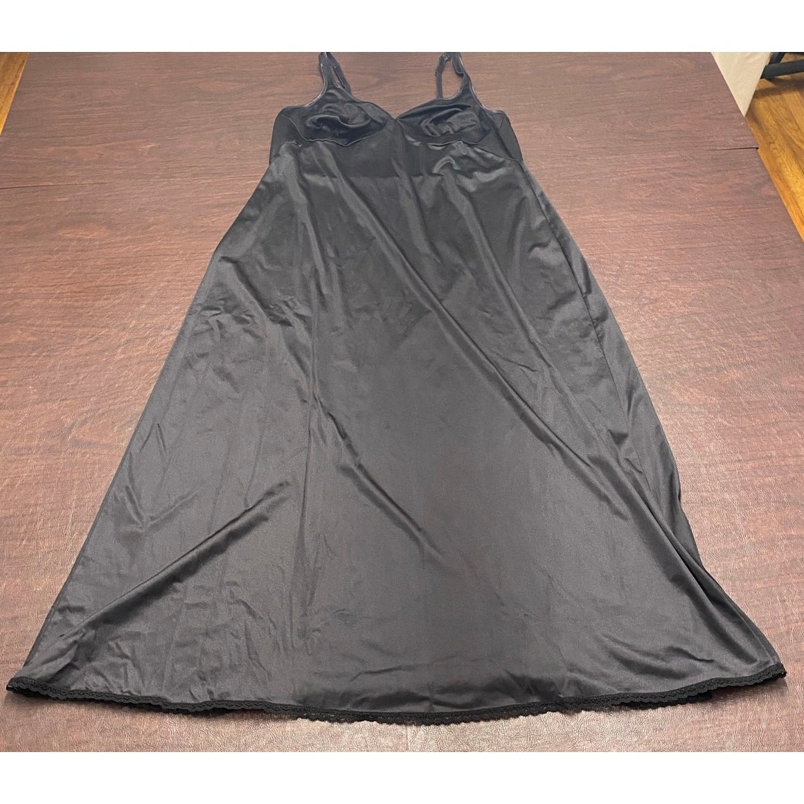 Vintage Vanity Fair USA Black Slip Nightie Dress Sheer Cups 32" Bust Adj Straps