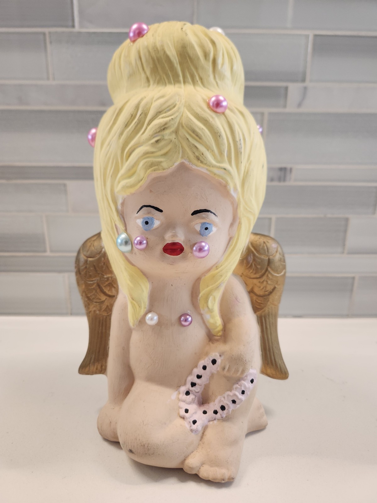 Weird Blonde Winged Angel Cherub 9.5" Statuette Figure 1982 Kathy's Ceramics