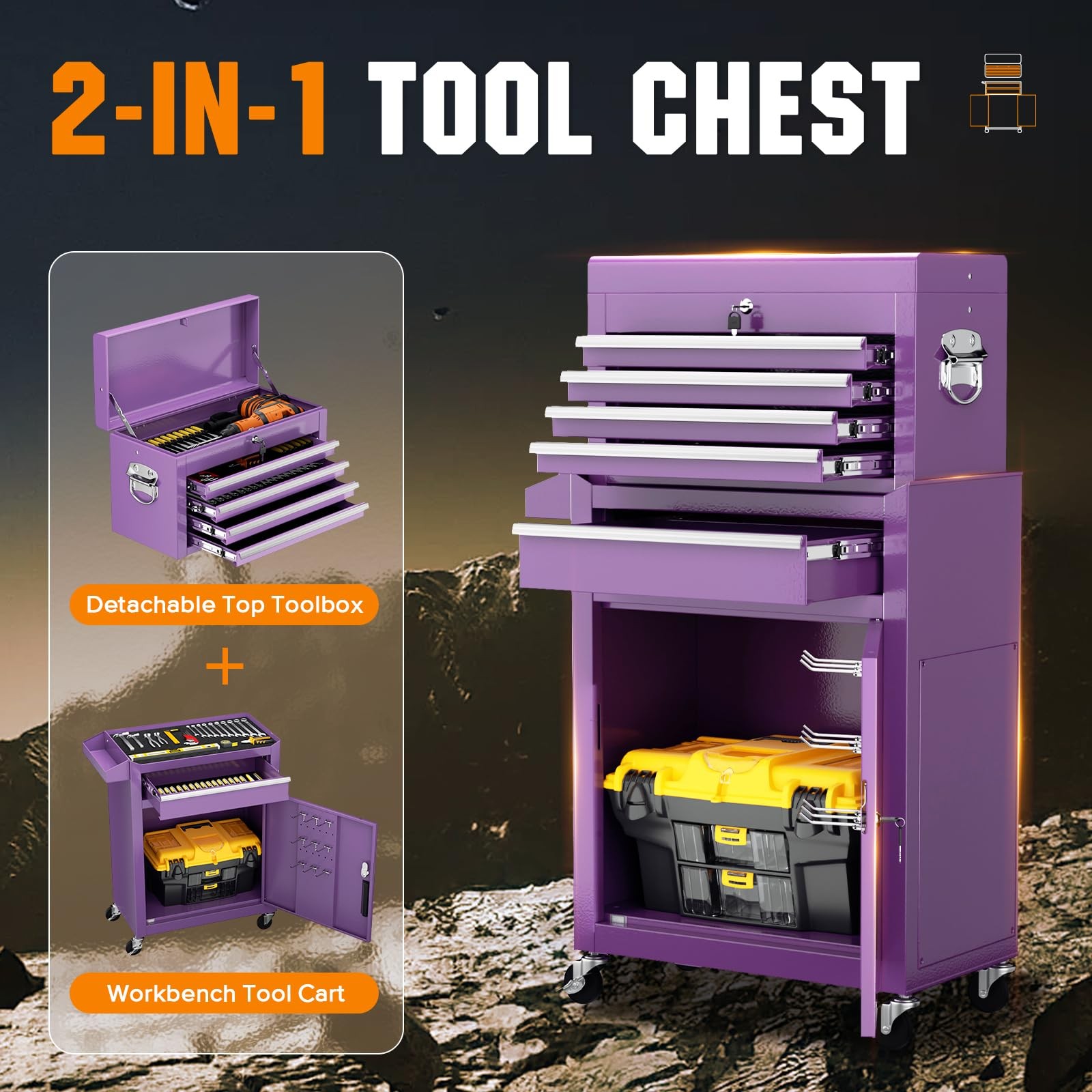 5-Drawer Rolling Tool Chest with Wheels, 2-in-1 Detachable Tool Box with Drawers