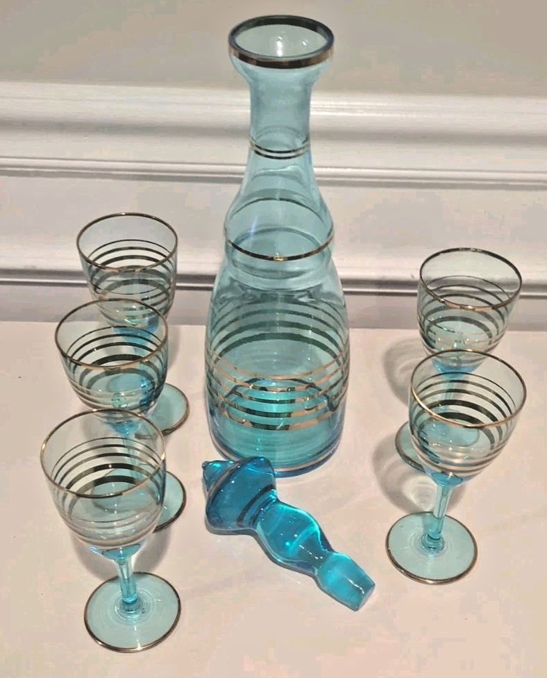 MCM Vintage Teal Blue & Gold Romanian Glass Decanter 4 Cordial Glasses 7 pc Set