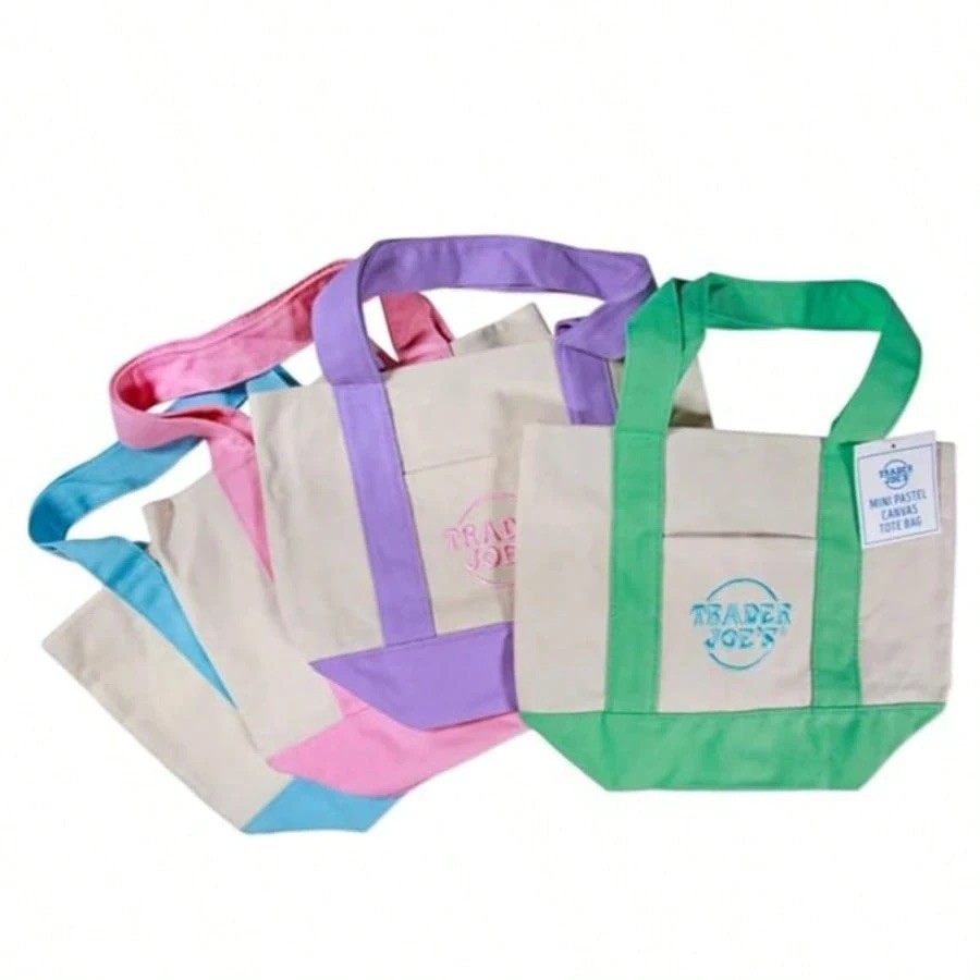 Set of 4 Trader Joe's Mini Canvas Tote Bags Blue Red Yellow Navy Limited Edition