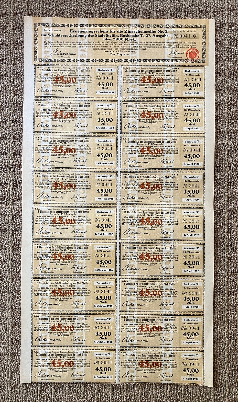 ORIGINAL - (OBSOLETE) GERMAN WEIMAR REPUBLIC BOND FOR STETTIN,GERMANY 2000 MARKS