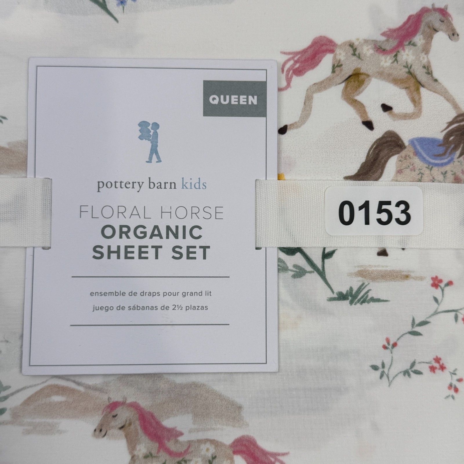 POTTERY BARN KIDS FLORAL HORSE ORGANIC COTTON SHEET SET, QUEEN ~ MULTI