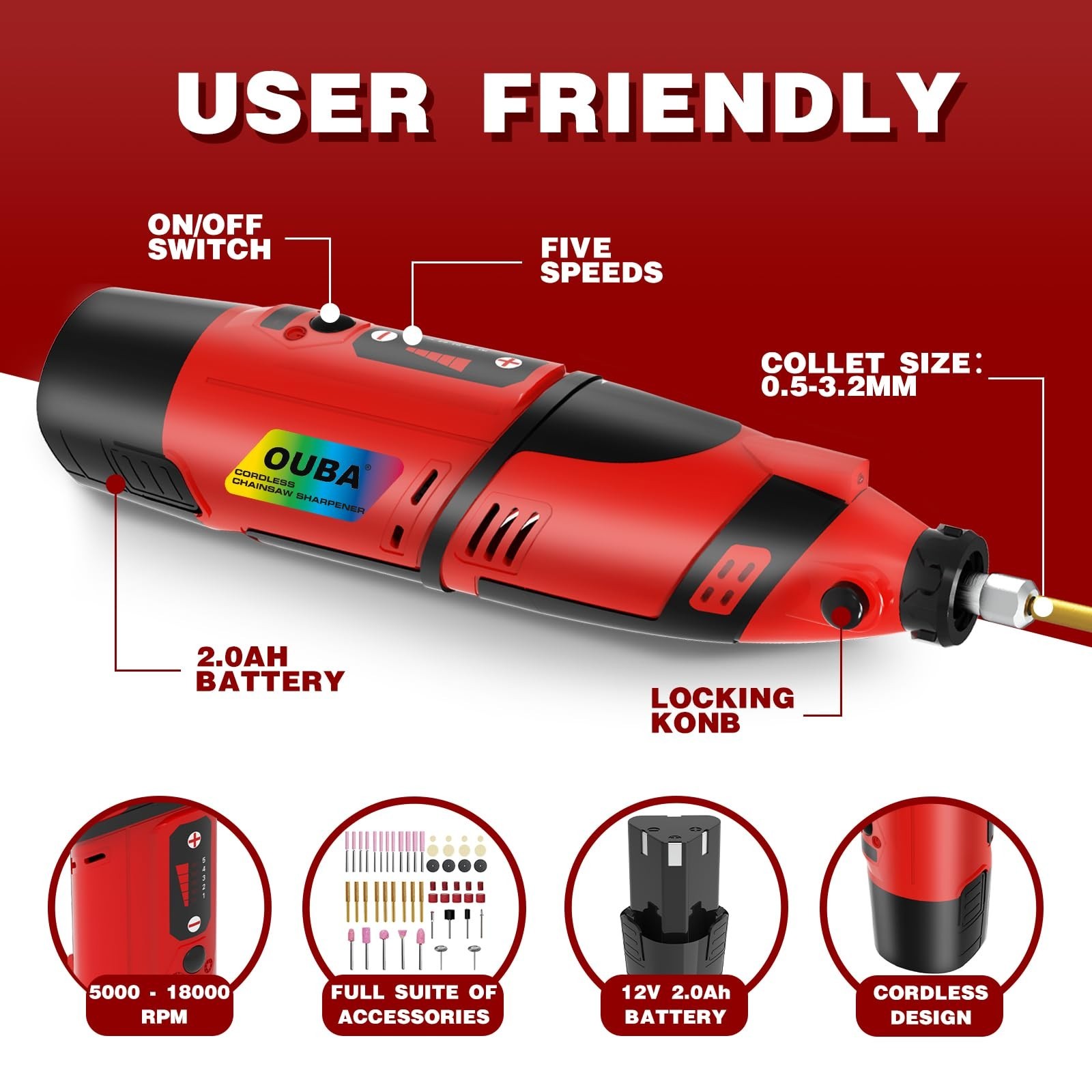 54PCS OUBACordless Rotary Tool Kit, 12V Rotary Tool w/2.0Ah Rechargeable Battery