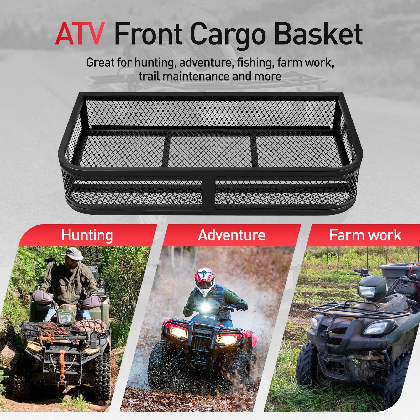 Heavy Duty ATV Front Cargo Basket Steel Mesh Rack 36x17.3 Inch Universal Fit