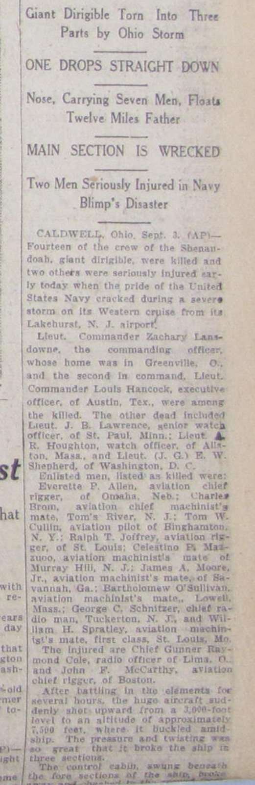 Vintage 1925 USS Shenandoah Airship Crash Newspaper