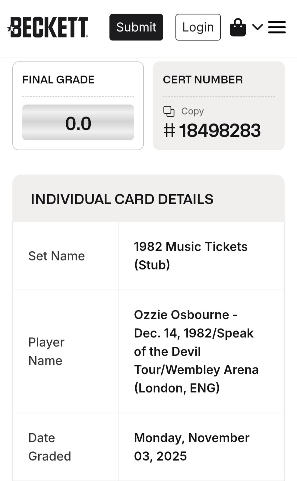 Ozzy Osbourne London Wembley 12/14/1982 Speak Of Devil Tour Ticket Beckett BAS