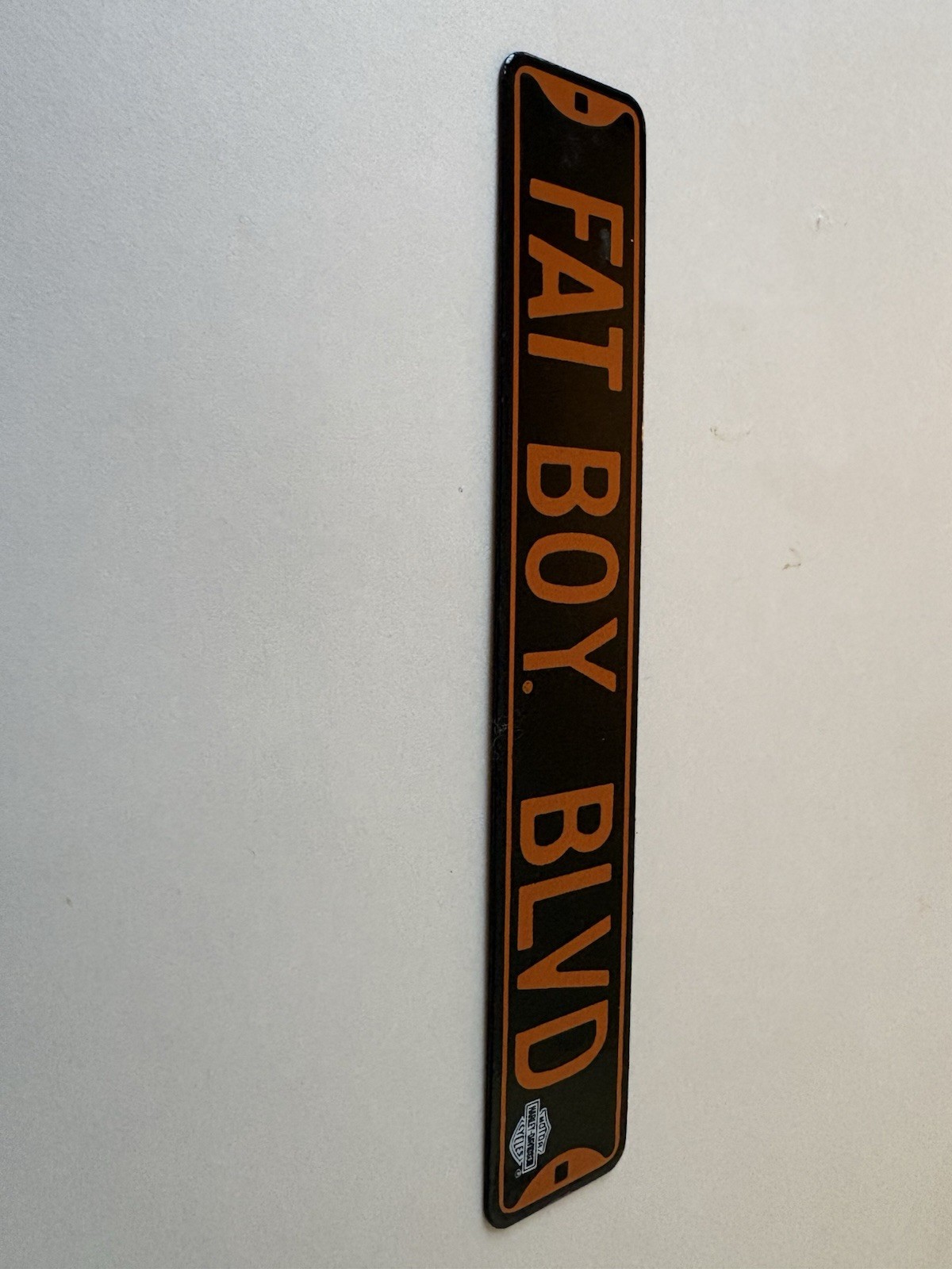 Harley Davidson MINIATURE Enameled Metal Boulevard Fat Boy Novelty Sign 6” x 1”