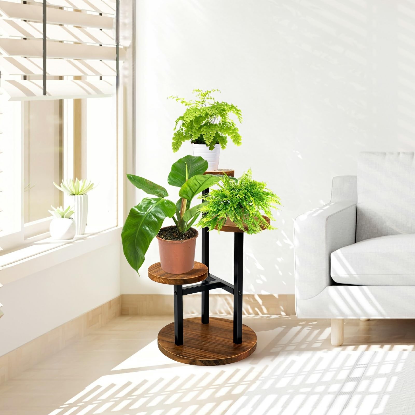 3 Tier Plant Stand, Tall Metal Wood Shelf Holder for Indoor, Outdoor Display ...