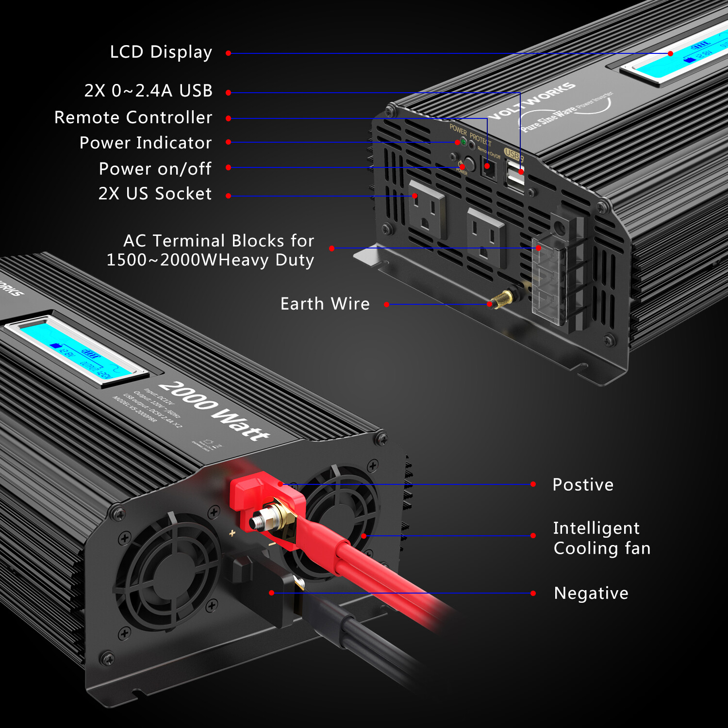 Pure Sine Wave 2000Watt Car Power Inverter Converter DC 12V to 120V AC VOLTWORKS