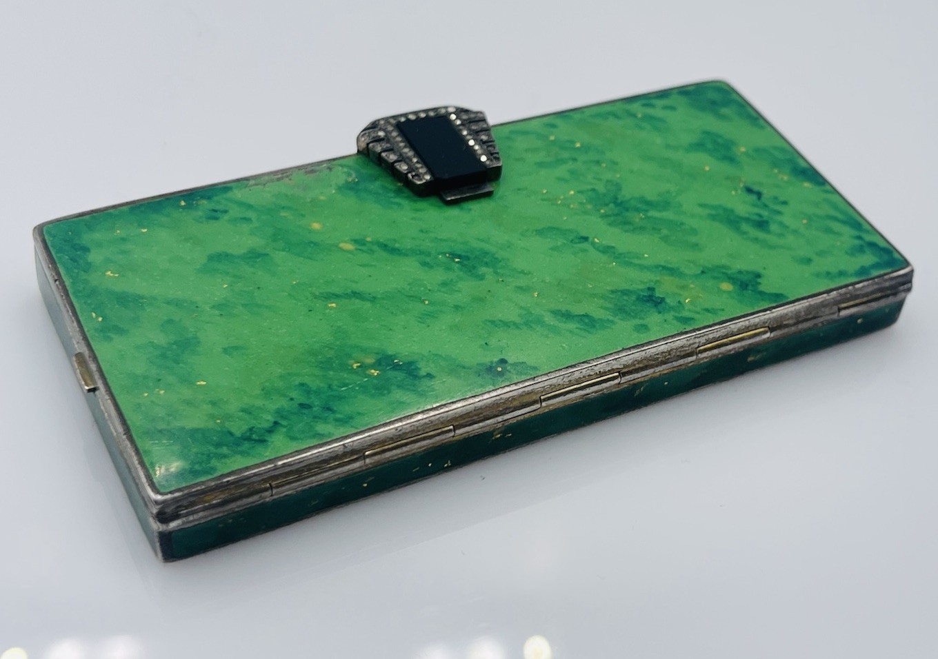 Antique Sterling Silver Green Enamel Rectangular Double Compartment Compact