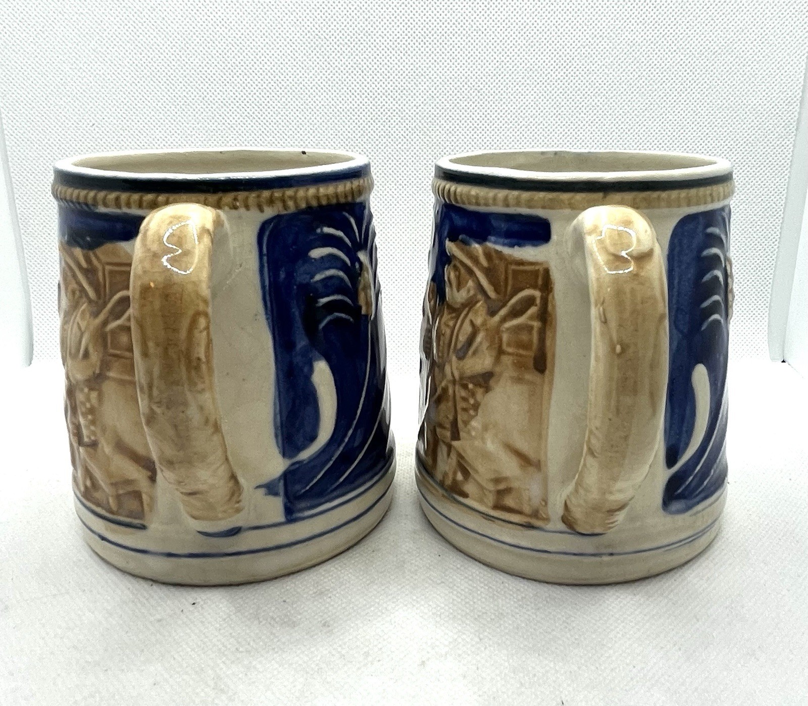Vintage Ceramic Beer Mugs Cobalt Blue 2 Men In Tavern Scene & Wheat Japan 4”