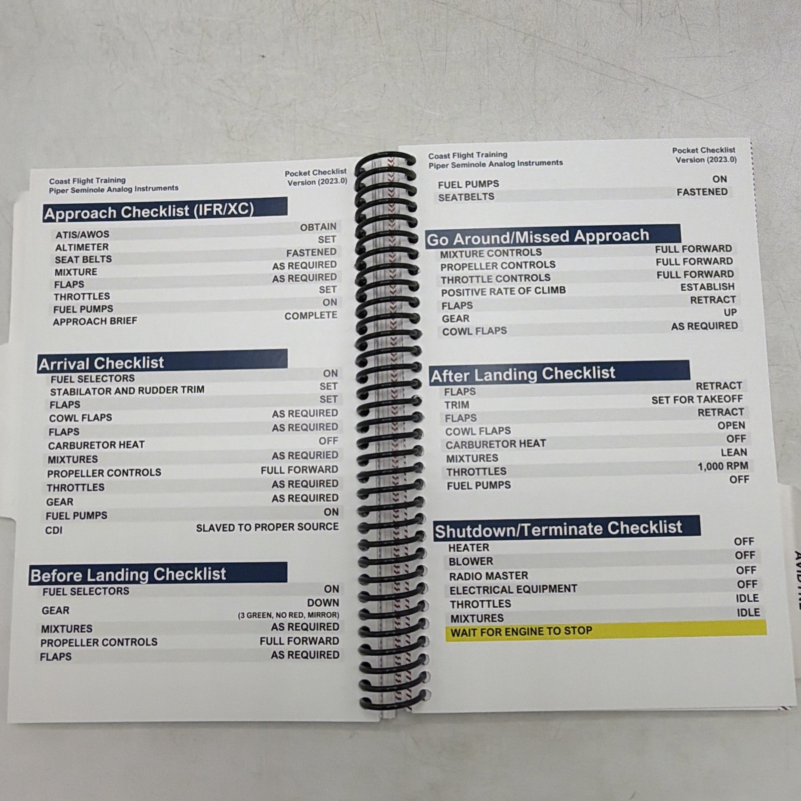 Piper Seminole PA-44-180 Pocket Checklist (Spiral)