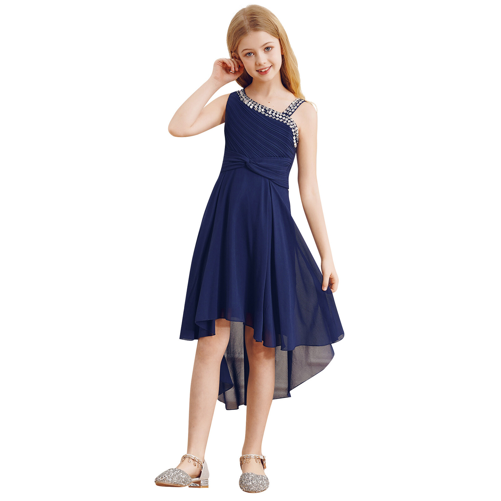 US Girls Sparkly Straps Summer Dress Sleeveless High Low Junior Bridesmaid Dress