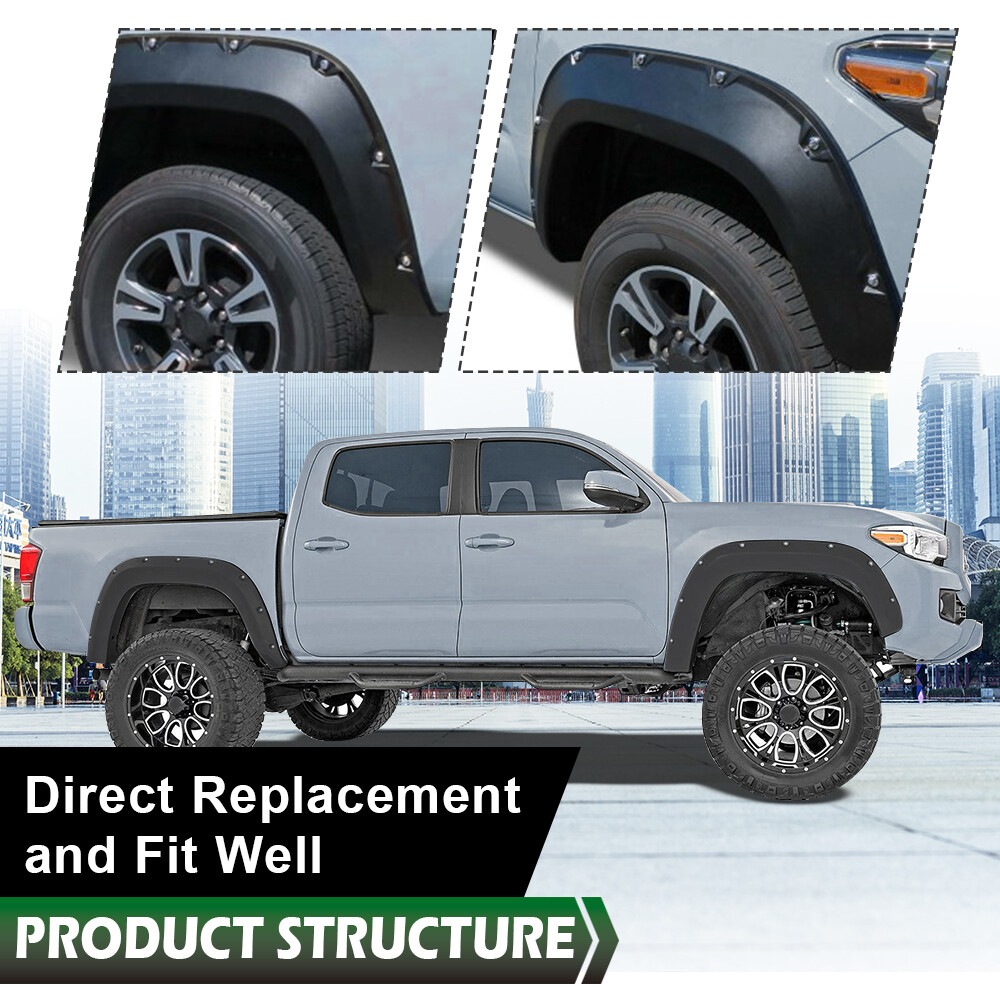 4pcs Fit For 16-22 Toyota Tacoma Pocket Rivet Style Fender Flares Smooth Black
