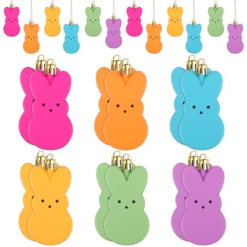 LOAVER 12 Pcs Easter Bunny Hanging Ornaments,Colorful Peeps Bunny Plastic