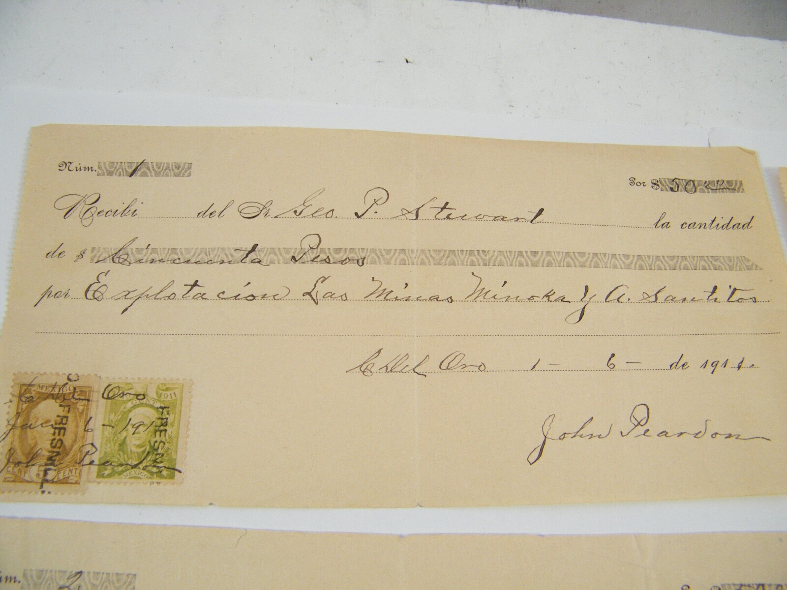 1911 EXPLOTACION MINOKA MINES PAYMENT RECEIPTS WRITTEN IN SPANISH 50 PESOS