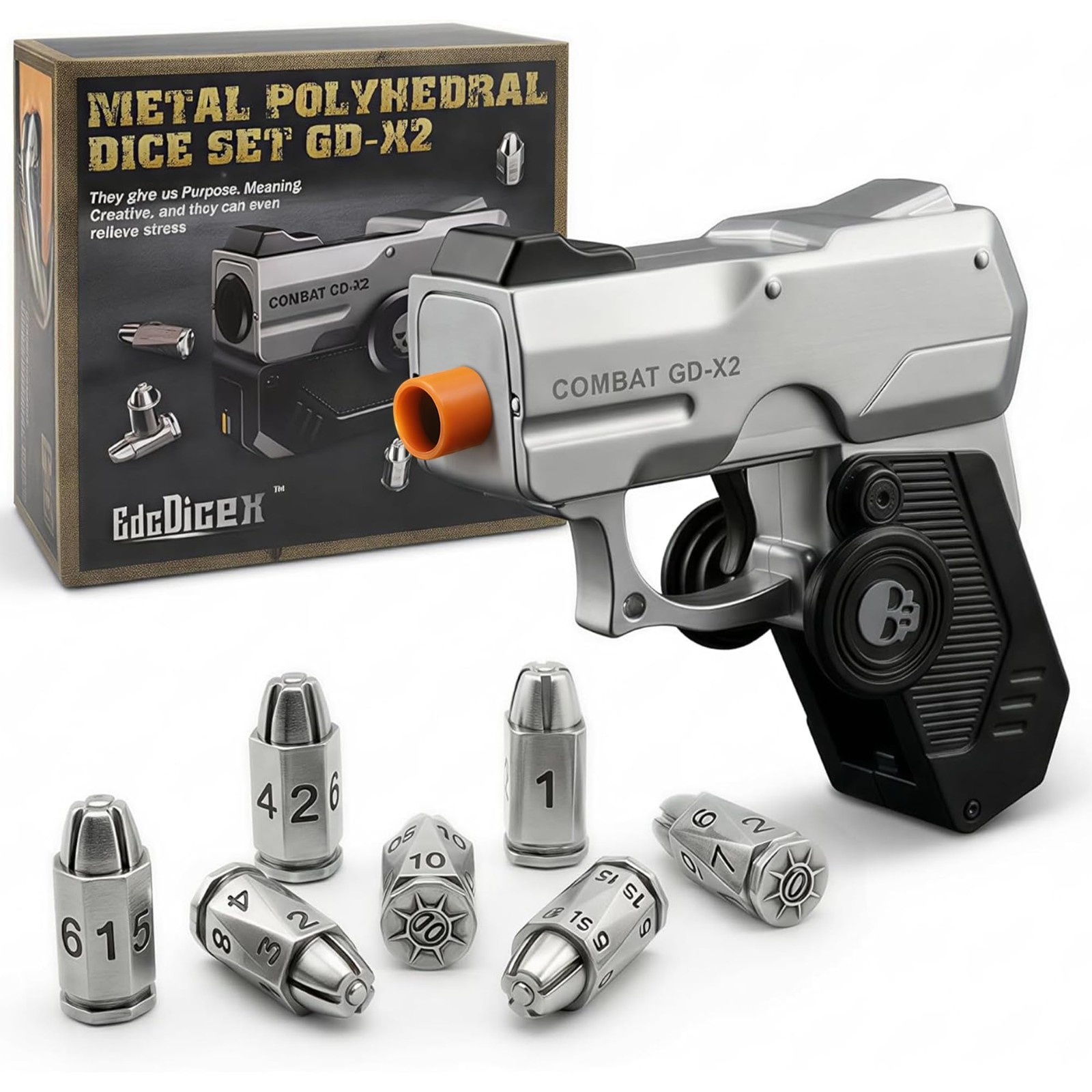 7 Piece Metal Polyhedral Bullet Dice Set with Shooting & Fidget Modes, Pistol Sh