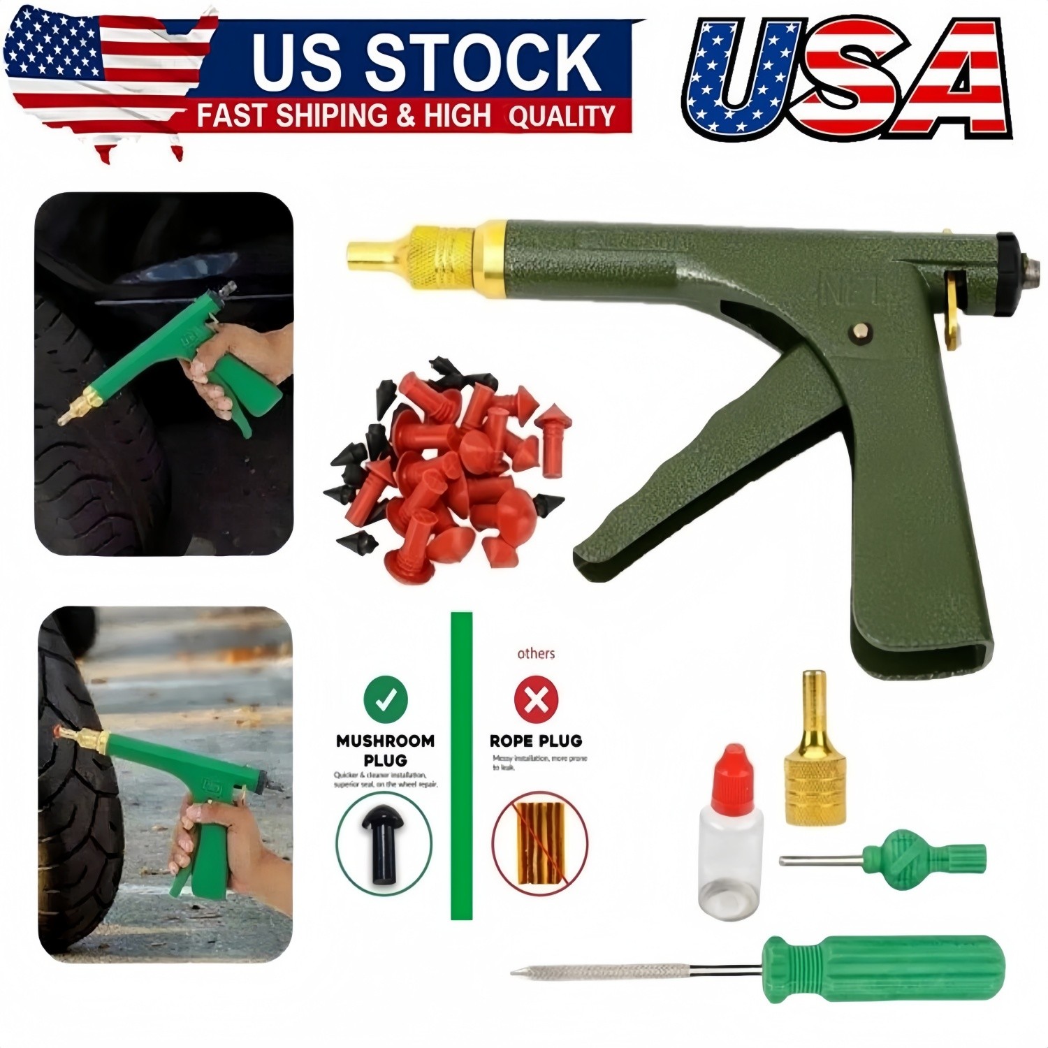 Tire Plugger Tubeless Tire Wheel Repair Gun Kit Mushroom Plug Probe Nozzle! New