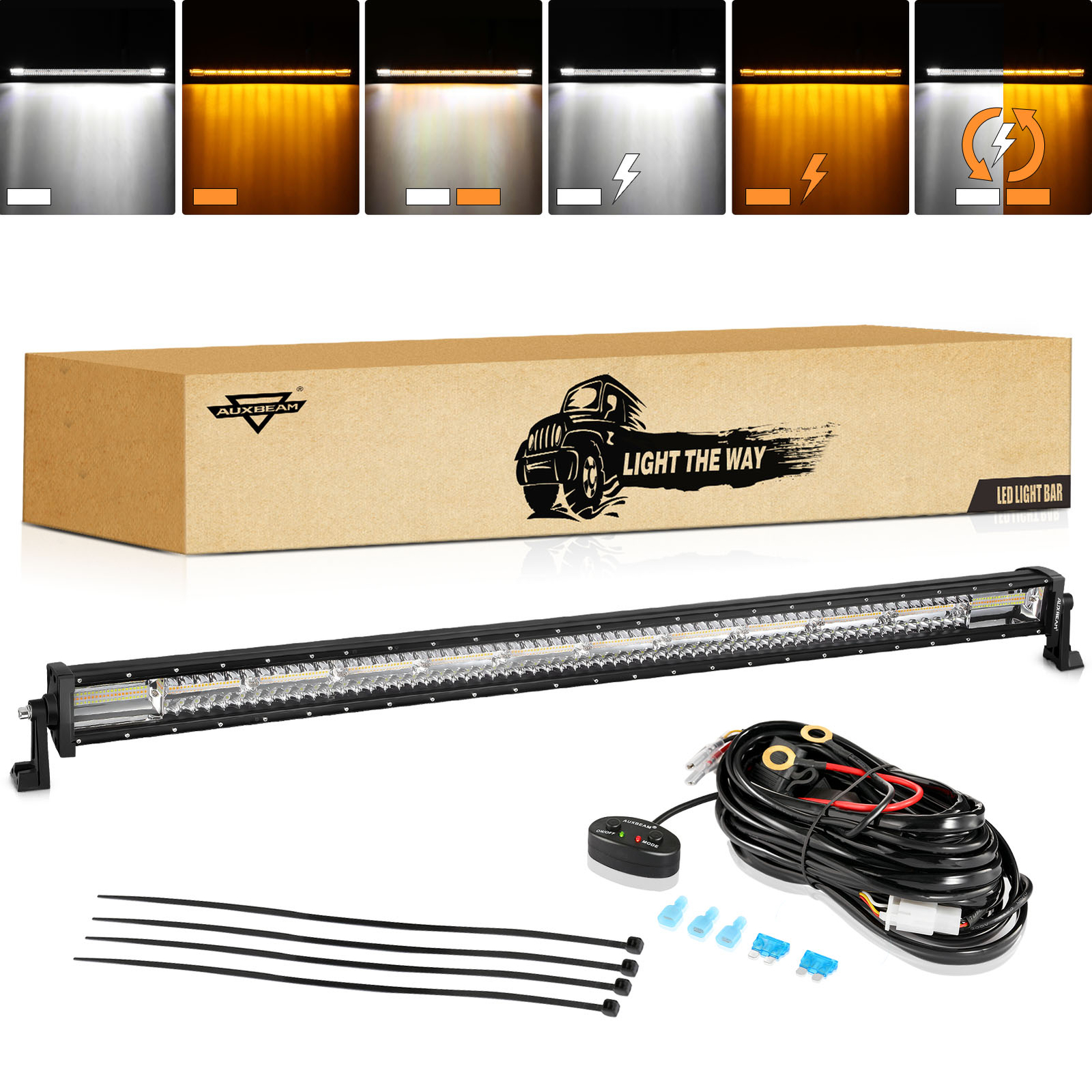 AUXBEAM 50"inch LED Light Bar 6 Modes Strobe Light Amber White for Jeep Wrangler