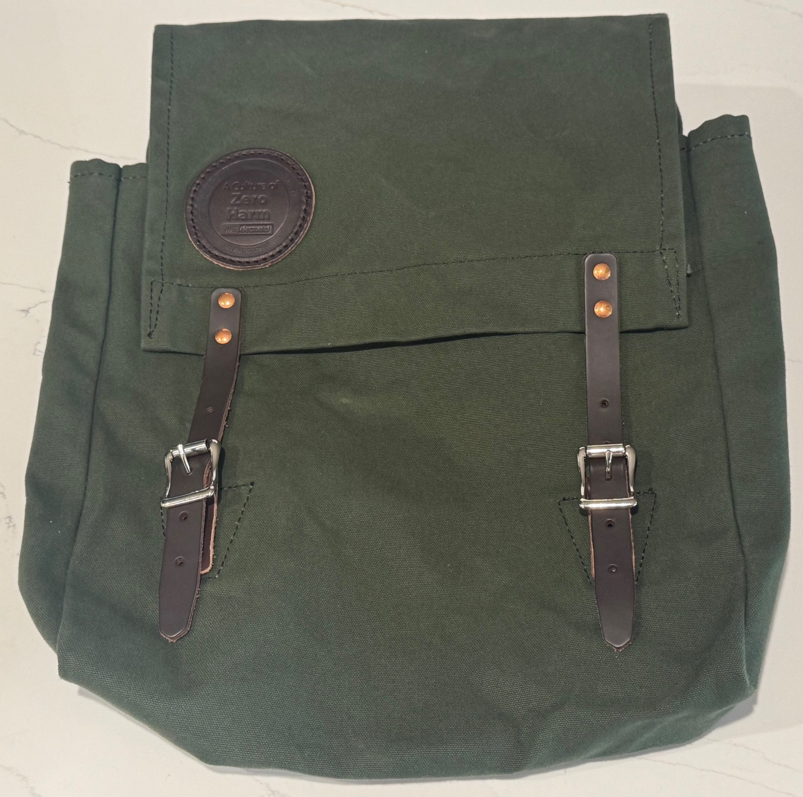 DULUTH PACK JUNIPER GREEN CANVAS & BROWN LEATHER SCOUT BACKPACK 16"X14"  LOGO