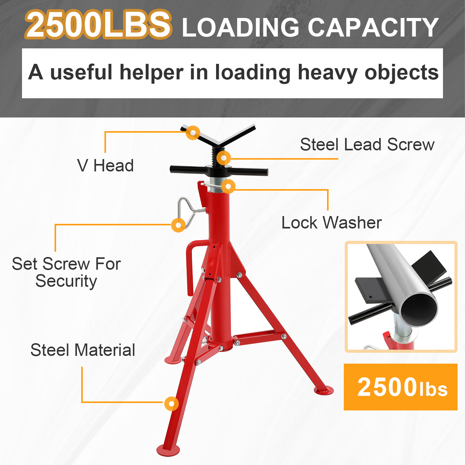 V-Head Pipe Stand Folding Tripod Jack 28"-52" Height 12" Pipe 2500LB Steel Red